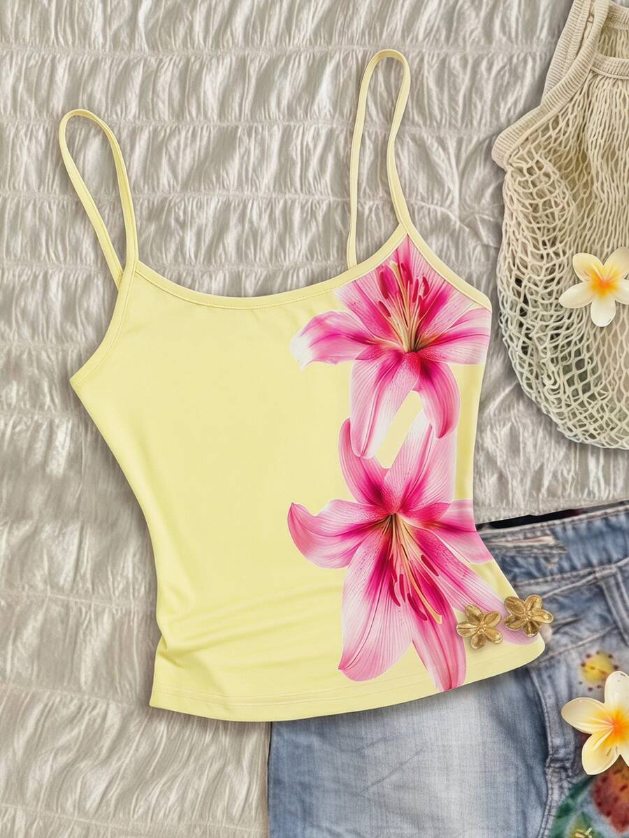 SHEIN 青少年女孩春/夏新款休閒度假黃色背景定位花卉印花細肩帶背心上衣 隨機3款發1件 - 黃色 - 查看 1