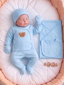 Newborn Baby Gray & Blue Solid Bear Pattern Top, Footed Pants, Hat & Gloves Set - Baby Blue - View 1