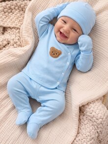 Newborn Baby Gray & Blue Solid Bear Pattern Top, Footed Pants, Hat & Gloves Set - Baby Blue - View 8