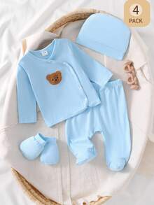 Newborn Baby Gray & Blue Solid Bear Pattern Top, Footed Pants, Hat & Gloves Set - Baby Blue - View 7