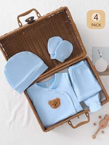 Newborn Baby Gray & Blue Solid Bear Pattern Top, Footed Pants, Hat & Gloves Set - Baby Blue - View 3