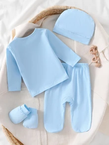 Newborn Baby Gray & Blue Solid Bear Pattern Top, Footed Pants, Hat & Gloves Set - Baby Blue - View 2