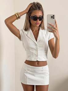 SHEIN ICON Sexy Elegant Style Slim Fit Short Sleeve Blazer + Bodycon Mini Skirt 2 Pieces Set Brunch White Summer Night Out Going Out Club - White - View 1