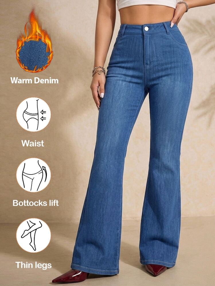 Elaquor Plus Size Women's Casual Versatile Daily Wear Denim Jeans With Pockets And Buttons, Casual Versatile Jeans, Autumn Outfits For Women, Warm Denim. - Blue - View 5