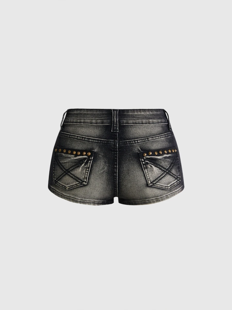ROMWE Grunge Punk Women's Black & Gray Denim Shorts, Street Punk Rivet Vintage Retro Personalized - Black - View 1