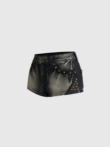 ROMWE Grunge Punk 女款黑灰色牛仔短褲，街頭龐克鉚釘復古個性款 - 黑色 - 查看 5