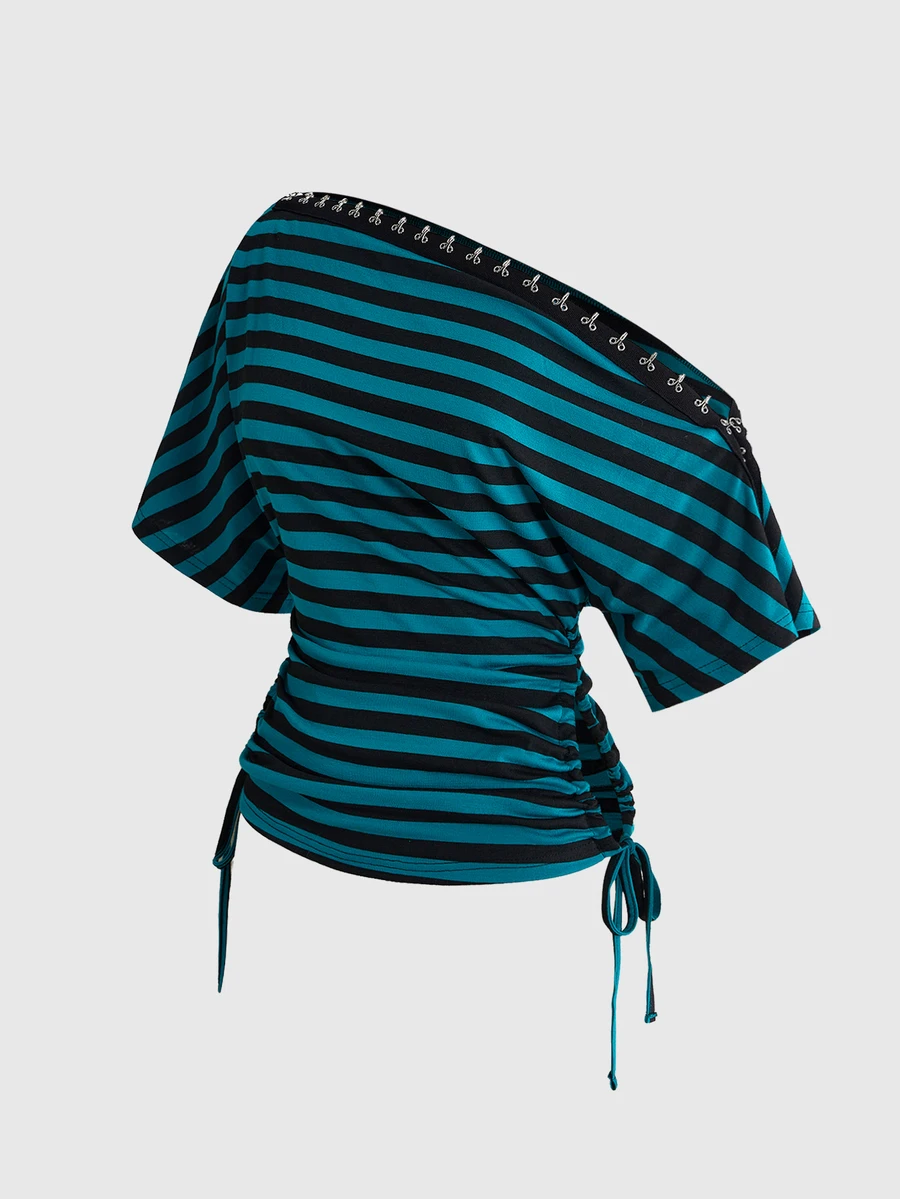 ROMWE Music Festival Outfit Punk Metal Buckle Asymmetrical Shoulder Slim Fit Ruched Women's T-Shirt - BLUE AND BLACK - View 1