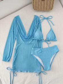 Vaytide 女士假期純色頸帶性感比基尼套裝，附連身裙，夏季沙灘必備 - 藍色 - 查看 5