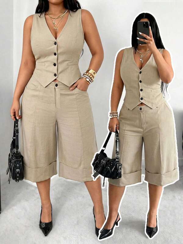 POPSWAY Spring, Summer, New Elegant Fashion Casual Striped Fabric Slim Fit Solid Color Vest Tank Top Women Sleeveless Short Length Elegant Camisole With Zipper Waist Design Rolled Hem Capri Length High Waist Wide Leg Loose Slimming Casual Pants 2-Piece Set
