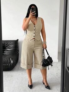 POPSWAY 春夏新款優雅時尚休閒條紋布料修身純色背心女款無袖短版優雅吊帶上衣，附拉鍊腰部設計捲邊七分褲高腰寬腿鬆身長腿顯瘦休閒褲兩件套 - 卡其色 - 查看 7