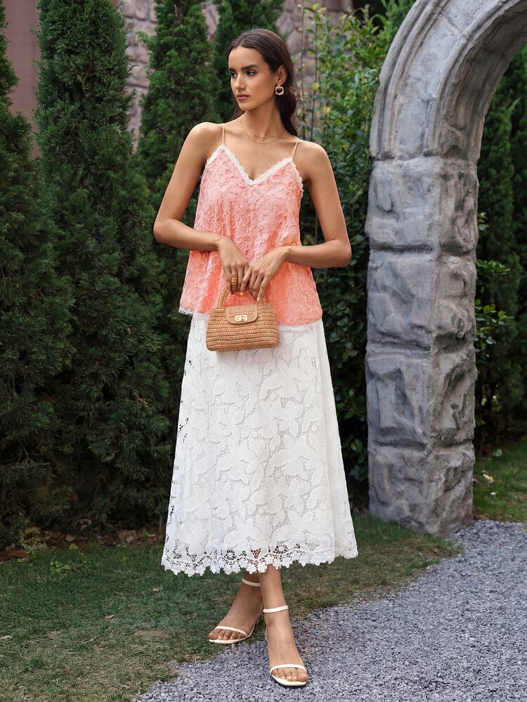 VOLUPTÉ CURVE Women's Spring/Summer White Top Floral Lace V-Neck Spaghetti Strap 3D Textured Sweet Romantic Elegant Vacation Casual Date Daily Wedding Guest Outfit - Dusty Pink - View 8