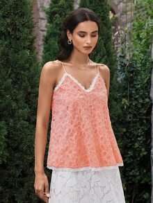 VOLUPTÉ CURVE Women's Spring/Summer White Top Floral Lace V-Neck Spaghetti Strap 3D Textured Sweet Romantic Elegant Vacation Casual Date Daily Wedding Guest Outfit - Dusty Pink - View 5