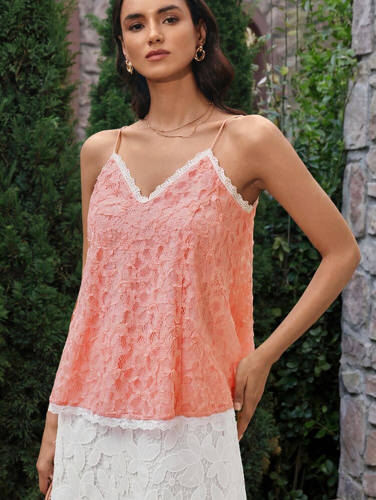 VOLUPTÉ CURVE Women's Spring/Summer White Top Floral Lace V-Neck Spaghetti Strap 3D Textured Sweet Romantic Elegant Vacation Casual Date Daily Wedding Guest Outfit - Dusty Pink - View 6
