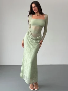 Aloruh Women's Elegant Square Neck Lace Patchwork Mint Green Long Sleeve Maxi Dress,Elegant Dresses For Women,Homecoming Dress ,Wedding Guest Dress - Mint Green - View 5