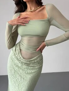 Aloruh Women's Elegant Square Neck Lace Patchwork Mint Green Long Sleeve Maxi Dress,Elegant Dresses For Women,Homecoming Dress ,Wedding Guest Dress - Mint Green - View 4