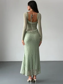 Aloruh Women's Elegant Square Neck Lace Patchwork Mint Green Long Sleeve Maxi Dress,Elegant Dresses For Women,Homecoming Dress ,Wedding Guest Dress - Mint Green - View 7