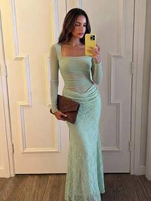 Aloruh Women's Elegant Square Neck Lace Patchwork Mint Green Long Sleeve Maxi Dress,Elegant Dresses For Women,Homecoming Dress ,Wedding Guest Dress - Mint Green - View 2