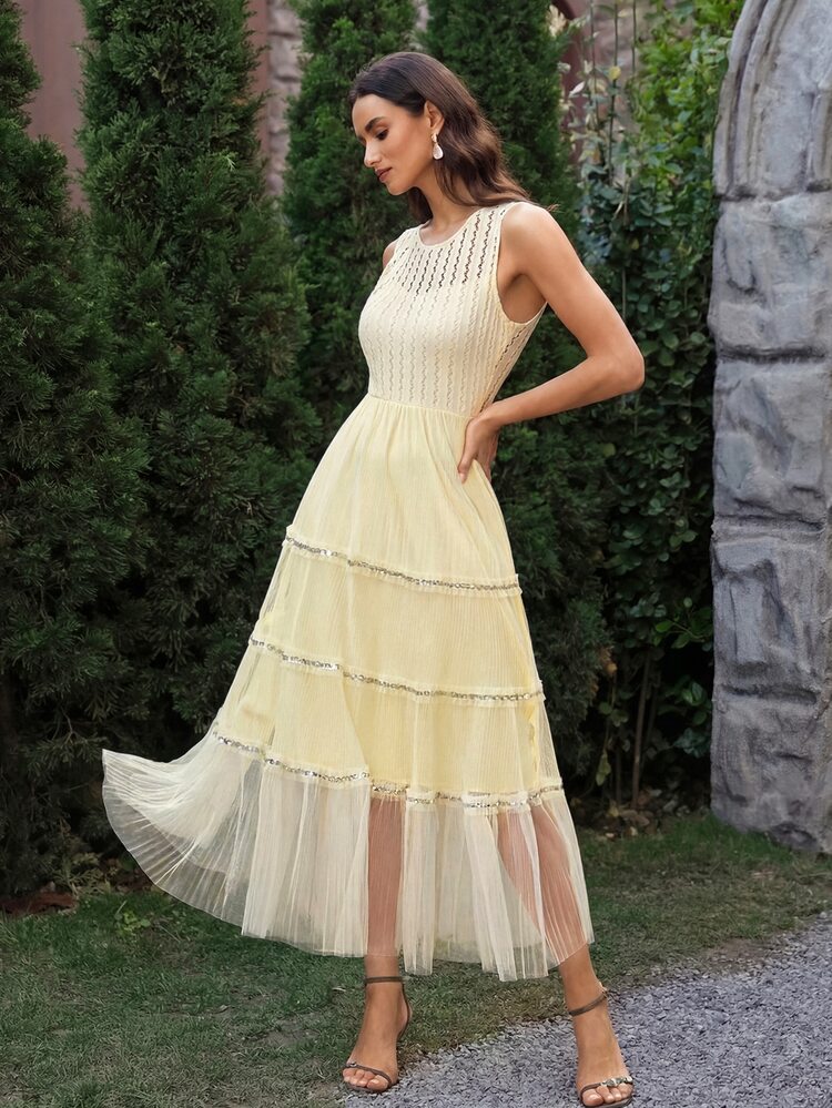 VOLUPTÉ CURVE Women's Spring/Summer Beige Maxi Dress Knit Sequin Round Neck Sleeveless, Elegant Romantic Casual Office Vacation Birthday Party Wedding Guest Dress - Beige - View 3