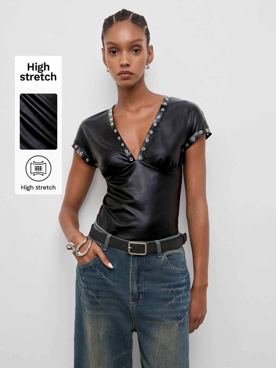 SHEIN Maija Women's PU Leather V-Neck Grommet Decor Casual Everyday Top