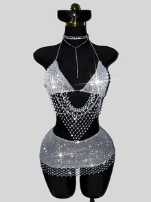 SHEIN DivaQ Women's Sexy Fishnet Rhinestone Backless Halter Top & Mini Skirt 2-Piece Set, Perfect For Holiday Party & Music Festival - Light Grey - View 3