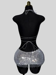 SHEIN DivaQ Women's Sexy Fishnet Rhinestone Backless Halter Top & Mini Skirt 2-Piece Set, Perfect For Holiday Party & Music Festival - Light Grey - View 2