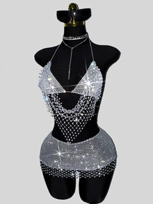 SHEIN DivaQ Women's Sexy Fishnet Rhinestone Backless Halter Top & Mini Skirt 2-Piece Set, Perfect For Holiday Party & Music Festival - Light Grey - View 4