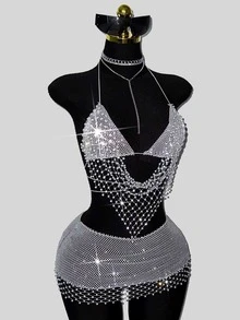SHEIN DivaQ Women's Sexy Fishnet Rhinestone Backless Halter Top & Mini Skirt 2-Piece Set, Perfect For Holiday Party & Music Festival - Light Grey - View 5