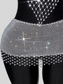 SHEIN DivaQ Women's Sexy Fishnet Rhinestone Backless Halter Top & Mini Skirt 2-Piece Set, Perfect For Holiday Party & Music Festival - Light Grey - View 6