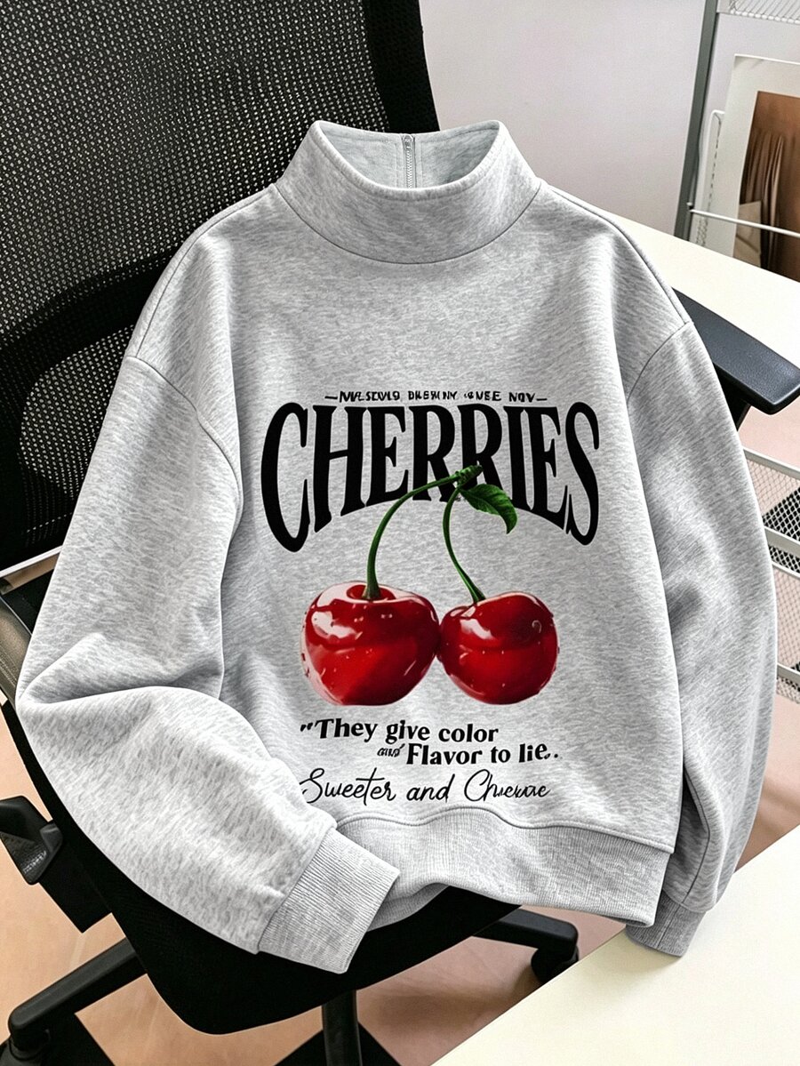 Resyla Women's Slogan Cherry Print Long Sleeve Casual Loose Sweatshirt - Light Grey - View 1