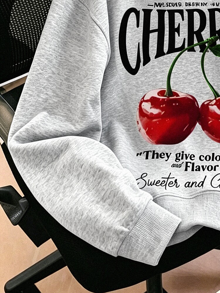 Resyla Women's Slogan Cherry Print Long Sleeve Casual Loose Sweatshirt - Light Grey - View 5
