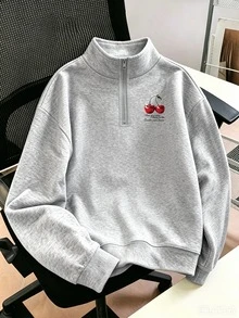 Resyla Women's Slogan Cherry Print Long Sleeve Casual Loose Sweatshirt - Light Grey - View 2