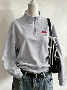 Resyla Women's Slogan Cherry Print Long Sleeve Casual Loose Sweatshirt - Light Grey - View 3