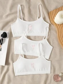 SHEIN ملابس داخلية علوية بدون أكمام بسيطة وكاجوال للفتيات المراهقات مع أكواب مبطنة، مريحة وصديقة للبشرة بنمط فيونكة مطرز، حمالة صدر للطالبات، 3 قطع عشوائية، أبيض، لجميع الفصول - أبيض - مشاهدة 5