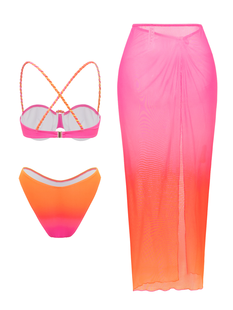 Swim SXY Bộ bikini hai mảnh phối màu dành cho nữ mùa hè, gồm áo và quần tam giác, kèm váy. - Hồng - Xem 2