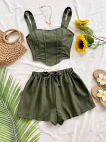 Soleia Women's Vacation Casual Tropical Solid Color Camisole Top And Shorts 2 Pieces Set Beach Olive Green Summer No Chest Padding - Army Green - View 4
