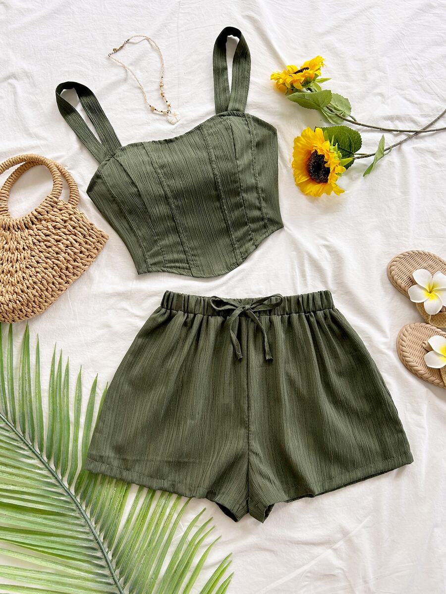 Soleia Women's Vacation Casual Tropical Solid Color Camisole Top And Shorts 2 Pieces Set Beach Olive Green Summer No Chest Padding - Army Green - View 1