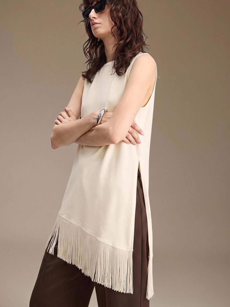 Ontre 2026新款甜美優雅四季針織無袖寬鬆拼接流蘇女式針織上衣，百搭顯瘦增高優雅日常通勤上班約會街頭時尚穿搭 - 杏色 - 查看 1