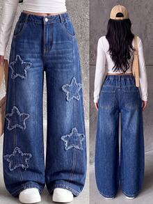 SHEIN 夏季牛仔褲 Girlism Y2K 龐克搖滾風 女款寬鬆星星拼接撞色寬腿牛仔褲，校園、街頭穿搭 - 深色水洗藍 - 查看 10