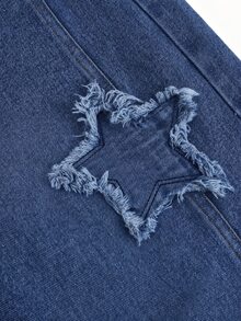 SHEIN 夏季牛仔褲 Girlism Y2K 龐克搖滾風 女款寬鬆星星拼接撞色寬腿牛仔褲，校園、街頭穿搭 - 深色水洗藍 - 查看 6