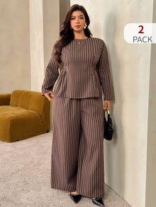 Auralis Plus Size Casual Elegant Commute Brunch Office Formal Brown Shirt Pants 2 Pieces Set Autumn - Coffee Brown - View 7