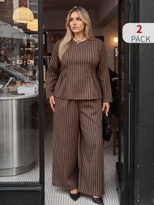 Auralis Plus Size Casual Elegant Commute Brunch Office Formal Brown Shirt Pants 2 Pieces Set Autumn - Coffee Brown - View 1
