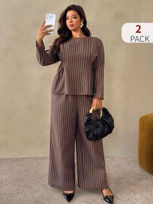 Auralis Plus Size Casual Elegant Commute Brunch Office Formal Brown Shirt Pants 2 Pieces Set Autumn - Coffee Brown - View 5