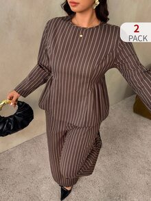 Auralis Plus Size Casual Elegant Commute Brunch Office Formal Brown Shirt Pants 2 Pieces Set Autumn - Coffee Brown - View 4