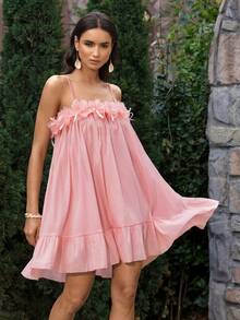 VOLUPTÉ CURVE Women's Spring Summer Soft Pink Mini Dress Chiffon Strapless 3D Floral Ruffle Sweet Fairy Elegant Beach Brunch Party Date Birthday Wedding Guest - Pink - View 5