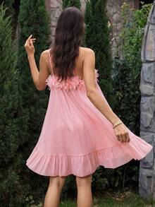 VOLUPTÉ CURVE Women's Spring Summer Soft Pink Mini Dress Chiffon Strapless 3D Floral Ruffle Sweet Fairy Elegant Beach Brunch Party Date Birthday Wedding Guest - Pink - View 3