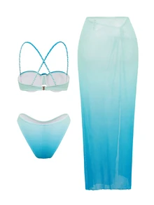 Swim SXY 女士夏季紧身度假渐变印花休闲编织绳沙滩网纱裙三件套泳衣 - 彩色 - 查看 8