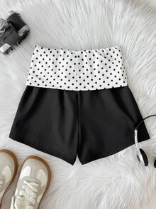 SHEIN Tween女孩修身休閒波點拼接純色短褲，適合夏季 - 黑色 - 查看 4