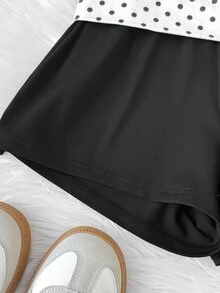 SHEIN Tween女孩修身休閒波點拼接純色短褲，適合夏季 - 黑色 - 查看 2