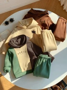 SHEIN 兒童 6 件組小男孩休閒可愛拼色印花連帽衛衣運動套裝，秋季長褲套裝，中性嬰兒服飾，嬰兒冬季衣物，基礎多件套裝 - 彩色 - 查看 4