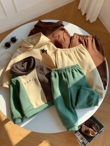 SHEIN 兒童 6 件組小男孩休閒可愛拼色印花連帽衛衣運動套裝，秋季長褲套裝，中性嬰兒服飾，嬰兒冬季衣物，基礎多件套裝 - 彩色 - 查看 5